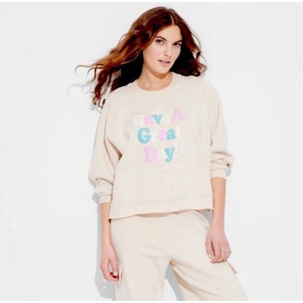 Smiley World Sweatshirt Beige Puffy Graphic Print Have A Great Day Oversized 2X